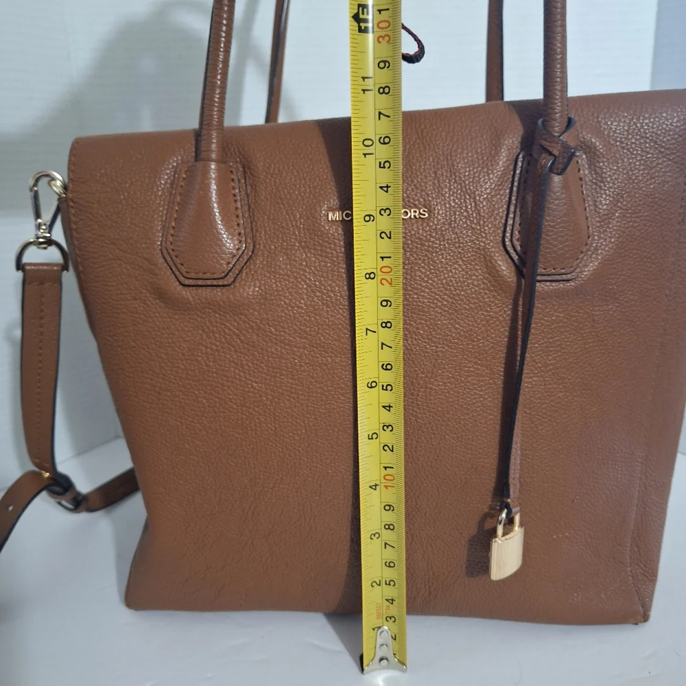 Michael Kors Mercer Brown Pebble Leather Tote Bag With Charm Large Crossbody GUC